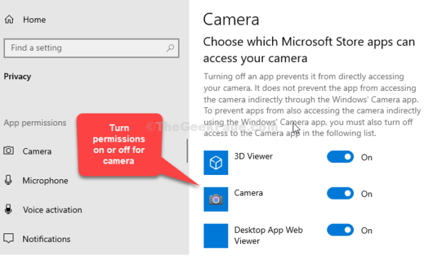 Chọn ứng dụng Microsoft Store nào có thể truy cập vào máy ảnh của bạn Bật hoặc tắt quyền