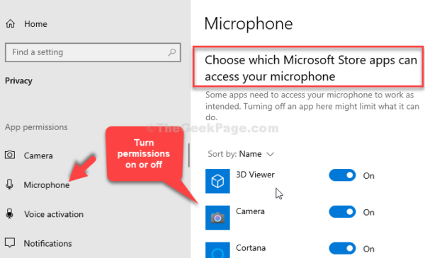 Chọn Ứng dụng Microsoft Store nào có thể truy cập vào micrô của bạn Bật hoặc tắt quyền