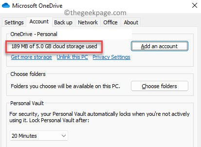 Cài đặt Microsoft Onedrive Tab tài khoản Kiểm tra bộ nhớ