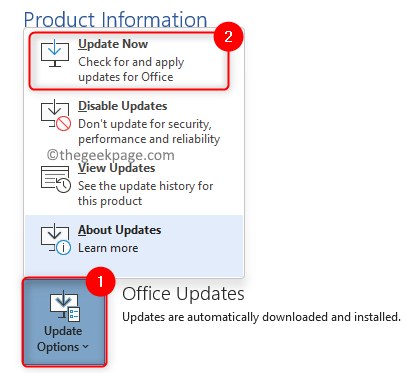 Tùy chọn cập nhật Office Cập nhật ngay bây giờ tối thiểu