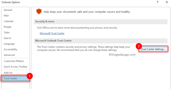 Tùy chọn Outlook Cài đặt Trung tâm Tin cậy Tối thiểu