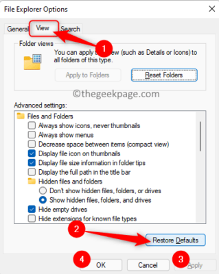 File Explorer Tùy chọn Khôi phục Mặc định Cài đặt Nâng cao Tối thiểu
